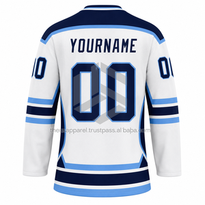 Jersey de Hockey sobre Hielo Personalizado para Hombre, Blanco, Azul Marino, Cuello en V, Manga Larga, Sublimado, 100% Poliéster, Absorbe la Humedad, Corte Regular - Product Image 2