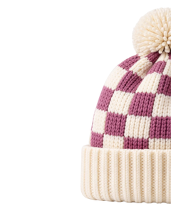 Gorro de Punto Personalizado con Diseño a Cuadros Morado y Blanco, Gorro de Invierno Cálido con Pompón, Gorro de Punto Grueso Unisex, Gorro con Logo Personalizado, Proveedor OEM - Product Image 3