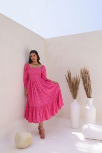 Robe longue décontractée d'été pour femme, imprimé pois roses, manches bouffantes, col carré, coupe trapèze, tissée et respirante - Product Image 2