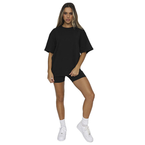 Women's <b>2</b>-<b>Piece</b> Shorts Set 6XL Casual <b>Summer</b> <b>Outfit</b> Solid Black Eco-Friendly 100% Cotton Knitted Oversized T-Shirt Above-Knee - Product Image 1