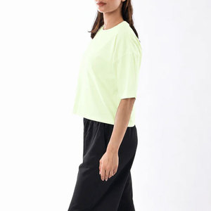 Camiseta sin costuras para mujer, top de gimnasio, ropa deportiva al por mayor, hombros caídos, manga corta, elástica, 100% algodón, jersey, color liso - Product Image 6