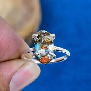 Natural Spiny Blue Oyster Copper <b>Turquoise</b> Hexagon Shape Gemstone Handmade <b>Ring</b>, 925 Sterling Silver - Product Image 2
