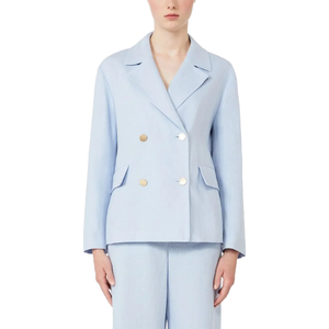 New Women's Light Blue Double Breasted Blazer Gold <b>Buttons</b> Notched Lapel Flap Pockets Elegant Office Wear Formal Sorority Coat - Product Image 3