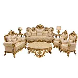Juego de Sala de Estar de Madera de Teca de Lujo Estilo Castillo, Tallado a Mano, Sofá y Sillón Maharaja con Detalles en Oro - Product Image 2