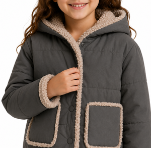 Veste d'hiver matelassée à capuche pour filles Livster, en sherpa gris de qualité supérieure, rembourrée, à manches longues, manteau d'hiver pour enfants, doublure en polaire douce - Product Image 4