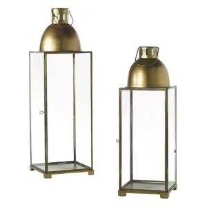 <b>Brass</b> <b>Lantern</b> Candle Holder Set Glass Panel Metal Frame Home Decoration Durable Design - Product Image 1