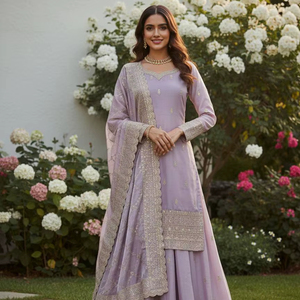 Ensemble Plazzo ethnique indien haut de gamme pour femme – Ensemble Kurta en soie pure avec broderies riches et dupatta, prêt-à-porter, tenue de créateur - Product Image 1