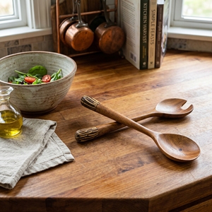 Juego de Cucharas para Ensalada de Madera Suar de Grado Alimenticio con Incrustaciones de Cáscara de Coco Blanca, Color Marrón Claro, Elegantes, Duraderas, Hechas a Mano - Product Image 3