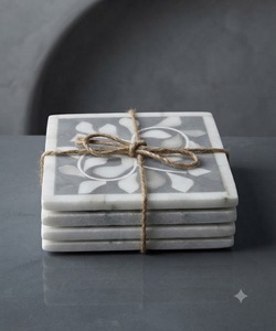 Ensemble de dessous-de-verre carrés en os incrusté de pierre, motif floral géométrique, pour la décoration de tables à thé et à café - Product Image 1