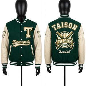 Chaqueta Varsity de Béisbol para Hombre, Mezcla de Lana, Mangas de Cuero PU, Panel de Canalé Gris Marino, Logotipo Bordado en Chenille Personalizado - Product Image 4