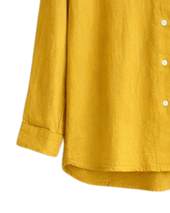 Ensemble deux pièces en lin jaune moutarde pour femme, chemise à manches longues boutonnée et pantalon large à taille élastique, tenue décontractée - Product Image 5