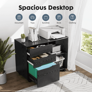 Mobiletto Portadocumenti a 3 Cassetti con Ruote, Supporto per Stampante in Legno con Ripiani Aperti per Ufficio Domestico, Nero - Product Image 3