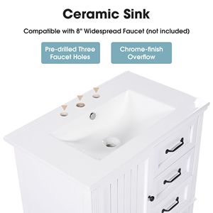 Mobile Bagno in Legno Massello da 30 Pollici con Lavabo, Ante, Tre Cassetti, Pannello in MDF e Piedini Regolabili - Product Image 5