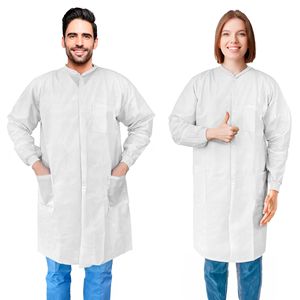 Camici Medici Monouso per Adulti, Confezione da 10, Bianchi, SMS, Lunghezza al Ginocchio, 40 GSM, Comodi Uniformi Ospedaliere - Product Image 1
