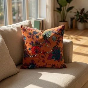 <b>Orange</b> Velvet Cushion Cover with Multicolor Floral Vine Print Decorative <b>Throw</b> Pillow for Sofa Bedroom and Home Decor - Product Image 6