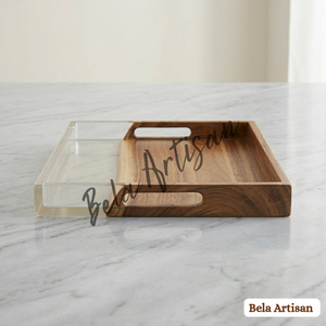Modern Natural Acacia Wood & <b>Resin</b> Handicraft Serving Tray with <b>Clear</b> Base Rectangular Design for Home Hotel Wedding & Diwali - Product Image 2