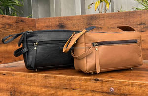 Bolsas de maquillaje de viaje personalizadas para hombre y mujer de cuero genuino 100% con doble cremallera, bolsas de cosméticos de alta calidad, Kits colgantes Dopp - Product Image 5