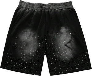 Custom <b>Black</b> <b>Men</b> Rhinestone <b>Shorts</b> Washed Distressed Star Graphic Applique Embroidery Streetwear Mesh <b>Shorts</b> Casual Baggy <b>Shorts</b> - Product Image 6