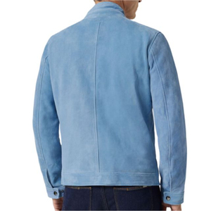 <b>Men's</b> Blue Suede Zip Up Jacket Stand Collar Casual <b>Leather</b> <b>Coat</b> - Product Image 2