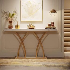 Mesa Consola de Diseño de Lujo con Superficie Blanca y Estructura Metálica Dorada - Product Image 6