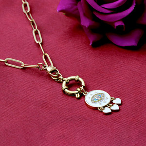Collar de Plata 925 Bañado en Oro con Cadena de Eslabones Tipo Paperclip, Ojo Turco, Medallón Esmaltado, Colgante de Corazón y Cierre Marinero - Venta al por Mayor - Product Image 5