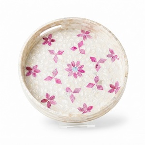 Bandeja Redonda Hecha a Mano con Incrustaciones de Madreperla y Diseño de Mosaico Floral Rosa para Mesa de Centro y Decoración del Hogar - Product Image 1