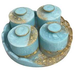 Luxury Blue Resin Marble Finish Spice Jar <b>Set</b> of 4 with Gold Foil Accents Round <b>Serving</b> Tray Modern Condiment Storage <b>Set</b> - Product Image 1