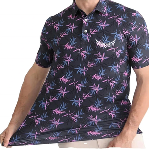 Men's Navy <b>Blue</b> Printed Short Sleeve <b>Polo</b> <b>Shirt</b> With Pink And Black Floral Pattern Quick Dry Knitted Polyester Casual Wear - Product Image 6