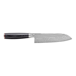Couteaux de cuisine Santoku à lame ondulée argentée avec manche cylindrique noir et bordure rouge pour hacher, trancher et couper en dés les légumes - Product Image 1