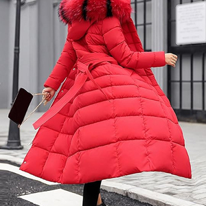 Red Long Puffer <b>Coat</b> Women <b>Winter</b> Warm Hooded Jacket Quilted Full Length Padded Parka Windproof <b>Thick</b> Maxi Overcoat Outwear - Product Image 2