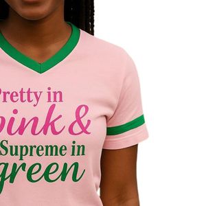 Camiseta de Manga Corta con Cuello en V, Color Rosa y Verde, Estilo Casual, Ropa Griega para Mujer, Cómoda, Marca Pretty in Pink Supreme - Product Image 3