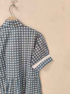 ชุดเดรสผ้าฝ้ายสีน้ำเงินสำหรับผู้หญิง, เดรสสั้นคอปกแขนสั้นทำมือสำหรับฤดูร้อน, เสื้อเชิ้ตสไตล์โบโฮลำลอง - Product Image 5