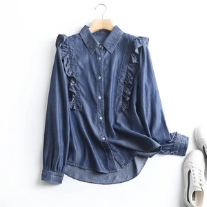 Chemise en jean à volants, manches longues, col rabattu, coupe ample, décontractée, pour l'été, écologique, séchage rapide, polyester respirant, pour femme - Product Image 5