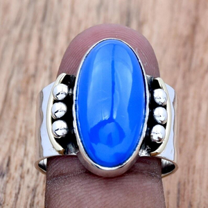 Anillo de Calcedonia Azul Hecho a Mano en Plata de Ley 925, Banda Ancha Martillada con Cuentas, Joyería de Moda para Mujer, Regalo, Venta al Por Mayor - Product Image 5