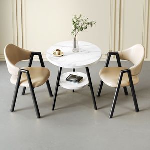 Modern Luxury Round Faux Marble Coffee <b>Table</b> with Double Tier and Black Metal Frame for Living Room Cafe Apartment - Product Image 1