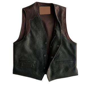 Gilet en cuir noir, col brun foncé, quatre boutons pression argentés, cuir de vachette véritable, respirant, style vintage, pour homme, automne - Product Image 1
