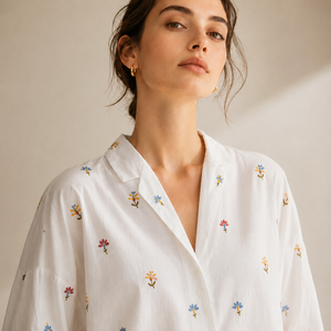 Women White Cotton Shirt Full Sleeve Colorful Mini Floral Embroidery V Neck <b>Loose</b> Casual <b>Dresses</b> Blouse for Wholesale - Product Image 1