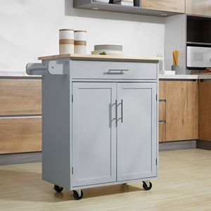 Carrello da Cucina Mobile Moderno Grigio con Isola Girevole, Cassetti Regolabili, Portasciugamani - Realizzato in Plastica, Legno di Quercia, MDF, Marmo - Product Image 2