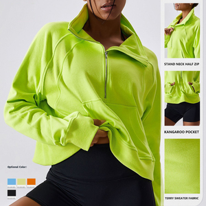 Women's Sportswear Athletic <b>Gym</b> Workout <b>Top</b> Custom <b>Black</b> Quarter-Zip Cropped Hoodies Pullover <b>Long</b> <b>Sleeve</b> Embroidered OEM Patch - Product Image 5