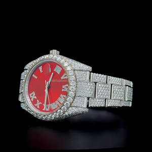 Reloj de Moissanita con Esfera Roja y Oro Blanco, Totalmente Adornado con Piedras, Números Romanos, Esfera Roja Premium, Reloj Automático con Incrustaciones de Moissanita - Product Image 5