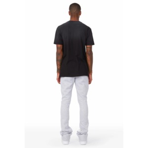 Pantalon de survêtement gris pour homme avec motif noir peint, taille élastique, décontracté, léger, tricoté, pour l'été - Product Image 3