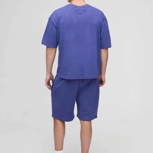 Men's Solid Blue Cotton Casual Two Piece Set Summer Knitted Oversized <b>T</b>-<b>Shirt</b> and Shorts - Product Image 3