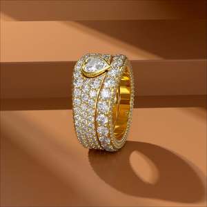 Ensemble de bagues de luxe en forme de cœur serties de diamants, or jaune 14K 18K, bande pavée complète, bague de fiançailles, bijoux fins sur mesure, vente en gros - Product Image 4