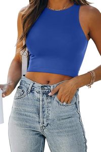 Débardeur court tricoté sans manches bleu pour femme, col rond, couleur unie, coupe classique, printemps-été - Product Image 5