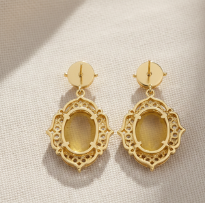 Pendientes de Ónix Amarillo y Circonita Cúbica |   Ovalado de 8 mm |   Plata de Ley 925 Chapada en Oro de 18K |   Joyería llamativa |   Joyería de Boda - Product Image 3