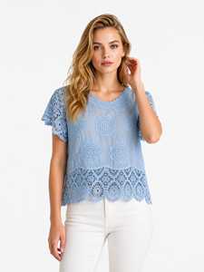 Women's Yellow Lace Floral Embroidery Short Sleeve O-Neck Bohemian <b>Top</b> Summer Pullover - Product Image 2