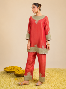 Red Divine Cotton Rayon Woven Draped Flare Sleeve A-Line Elegant Luxurious Breathable Traditional <b>Wedding</b> Summer Spring Formal - Product Image 4