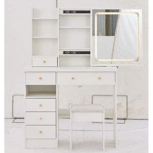 Tavolo da Trucco con Cassetto Sinistro da 37 Pollici, Sgabello Imbottito, Ampio Piano Scorrevole con Controllo Touch a Tre Colori - Product Image 4