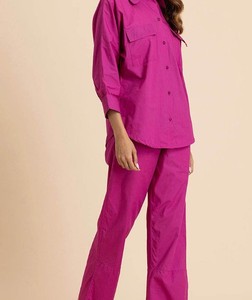 Women 2 Piece Co Ord <b>Set</b> Solid Color Oxford Fabric Long Sleeve Turn Down Collar Casual Full Length Pants Top <b>Set</b> - Product Image 1
