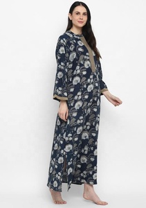 Soldes d'été Navy Cotton Lounge Wear Dress Hand Block Printed Beige Floral Long Sleeves Floor-Length Natural Waistline Front Zip - Product Image 2